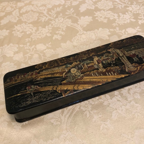 Antique Japanese Writers Box Black Lacquered Long… - image 3