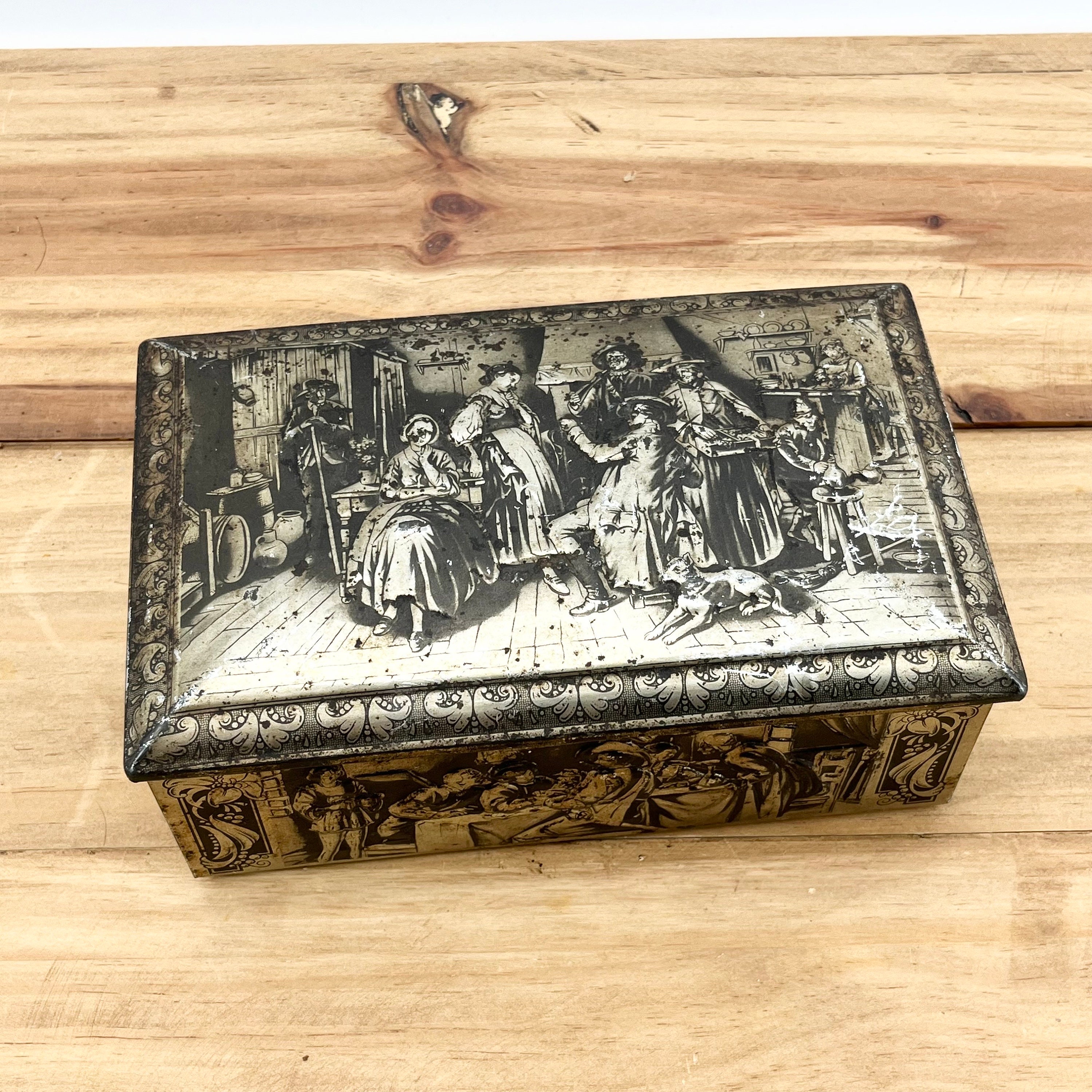 Antiqued Metal Box With Detailed Sides and Top. Metal Box