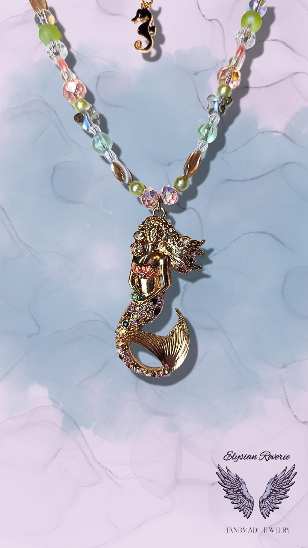 OOAK Mermaid & Seahorse Layered Necklace Set – Gold-Tone Ocean Jewelry – Upcycled Pendant -Yamanba Gyaru Statement Jewelry - Mother of Pearl - Thumbnail 2