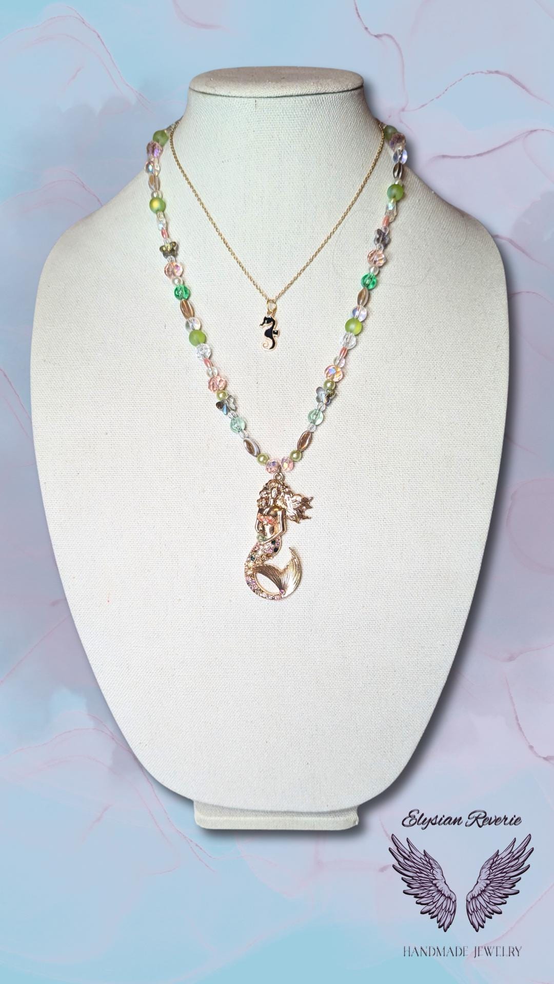 OOAK Mermaid & Seahorse Layered Necklace Set – Gold-Tone Ocean Jewelry – Upcycled Pendant -Yamanba Gyaru Statement Jewelry - Mother of Pearl