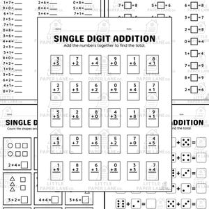 以下が含まれることがあります： 1桁の足し算の白黒ワークシート。ワークシートには、足し算の問題、不足している加数の問題、図形のカウント演習が含まれています。テキスト「SINGLE DIGIT ADDITION」は各ワークシートの上部にあります。