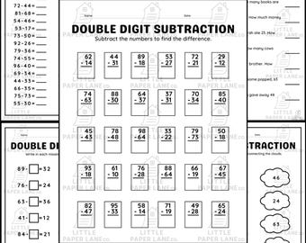 Double Digit Subtraction Worksheets: Math Word Problems, Missing Numbers (Digital Download+Answer Key)