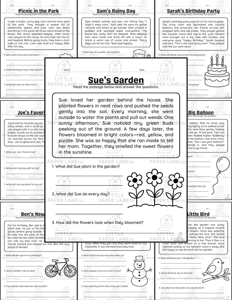 May include: Educational worksheet with reading comprehension passages and questions. Topics include a picnic, rainy day, birthday party, garden, toy car, bike ride, and a little bird. Includes illustrations and text.