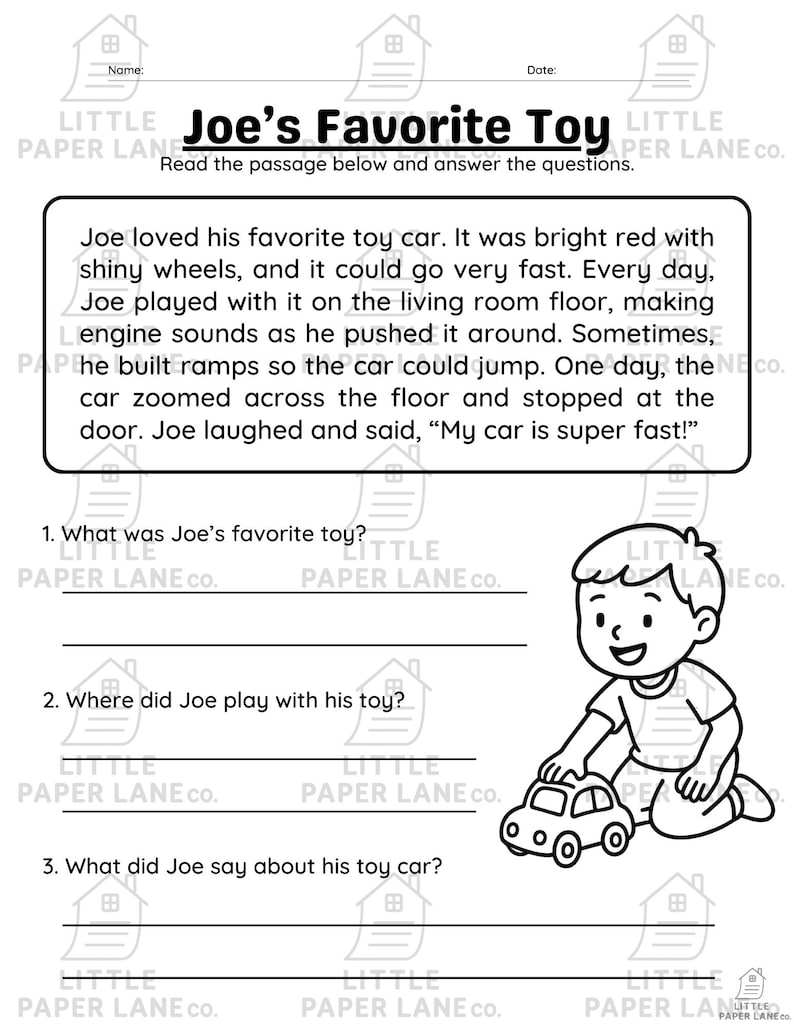 May include: Black and white worksheet titled "Joe's Favorite Toy" with a story about a toy car and questions to answer. A cartoon boy is playing with a red toy car with shiny wheels.