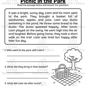 May include: Black and white worksheet titled "Picnic in the Park" with a story about Liam and his mom. Includes questions about the story, a picnic basket, a tree, and a picnic blanket.