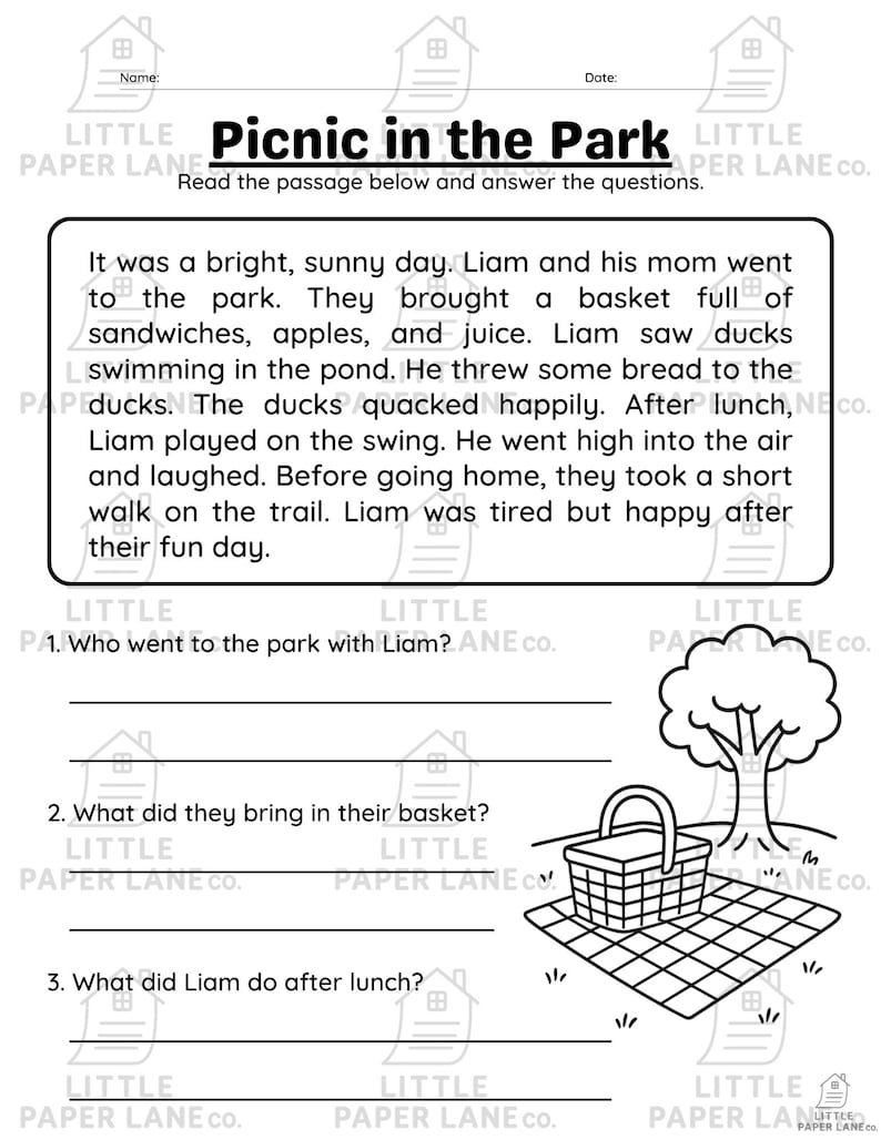 May include: Black and white worksheet titled "Picnic in the Park" with a story about Liam and his mom. Includes questions about the story, a picnic basket, a tree, and a picnic blanket.