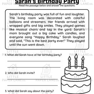 May include: Black and white worksheet titled "Sarah's Birthday Party" with a passage about a birthday party and questions to answer. Includes a two-tiered cake with three lit candles.
