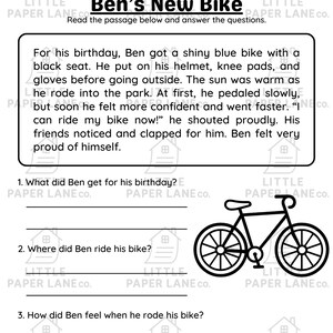 May include: A black and white line drawing of a bicycle next to a worksheet titled "Ben's New Bike." The worksheet includes a short story about a boy and his new bike, with questions below.