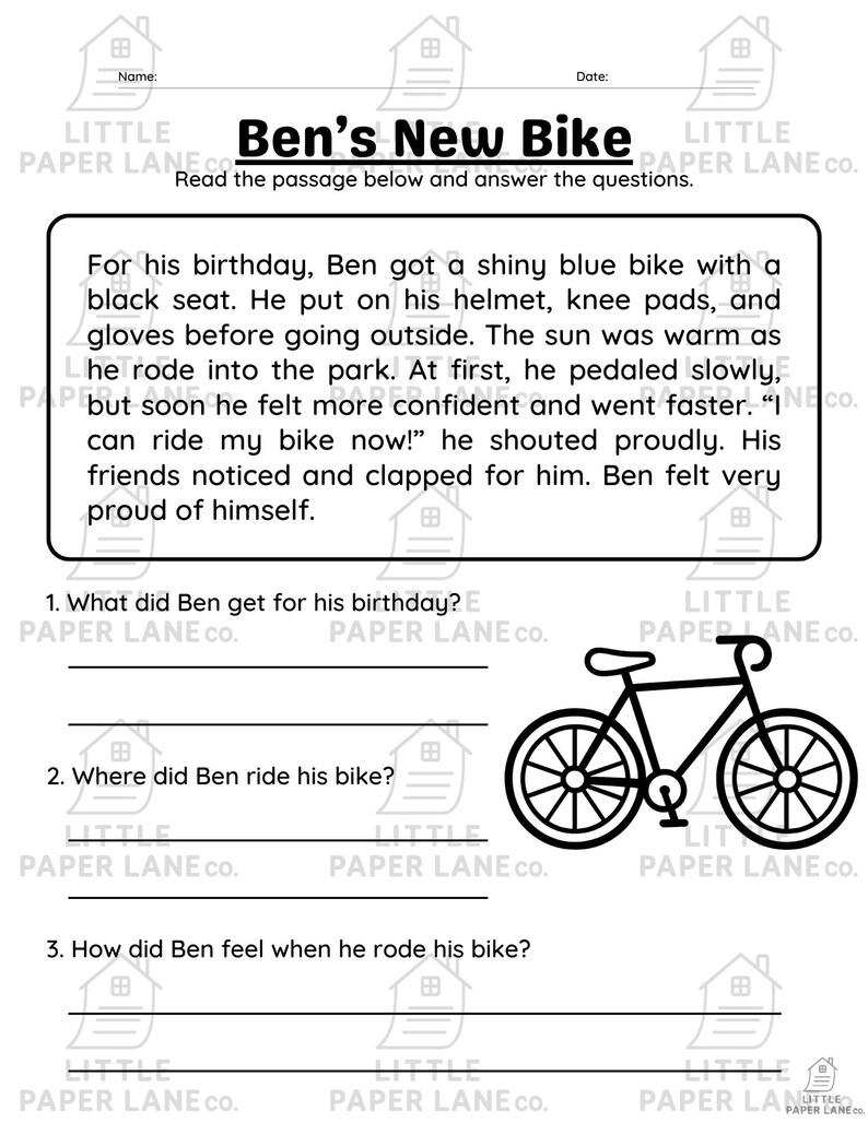 May include: A black and white line drawing of a bicycle next to a worksheet titled "Ben's New Bike." The worksheet includes a short story about a boy and his new bike, with questions below.