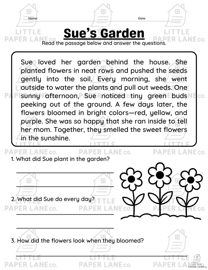 May include: Black and white worksheet titled "Sue's Garden" with a short story about a garden and questions to answer. Includes illustrations of flowers and lines for writing answers.
