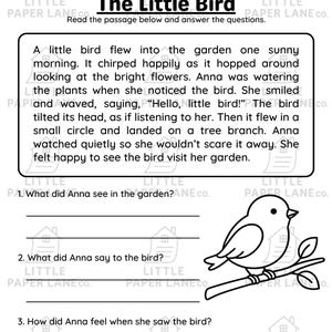 May include: A black and white worksheet titled "The Little Bird" with a reading passage and questions. Includes a line drawing of a bird perched on a branch. The worksheet is from Little Paper Lane Co.