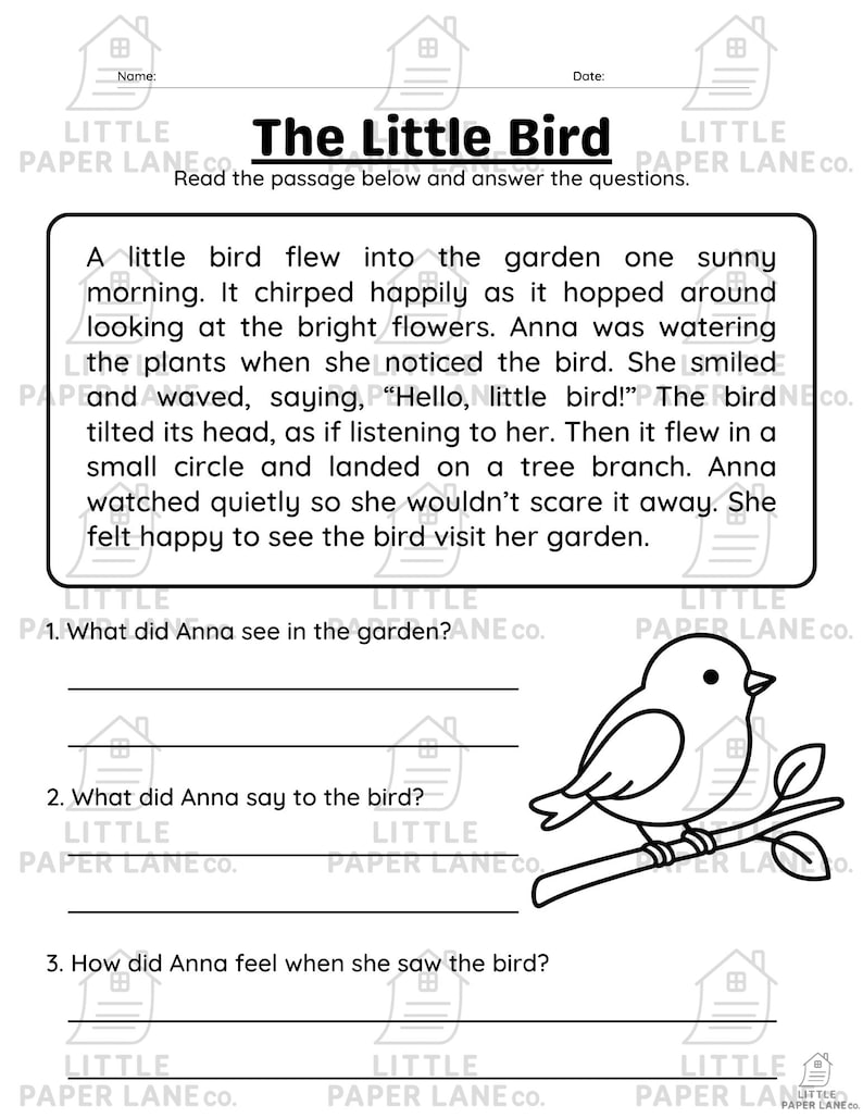 May include: A black and white worksheet titled "The Little Bird" with a reading passage and questions. Includes a line drawing of a bird perched on a branch. The worksheet is from Little Paper Lane Co.