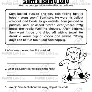 May include: Black and white worksheet titled "Sam's Rainy Day" with a story about a child playing in the rain. The worksheet includes questions about the story and a cartoon illustration of a child jumping in a puddle.