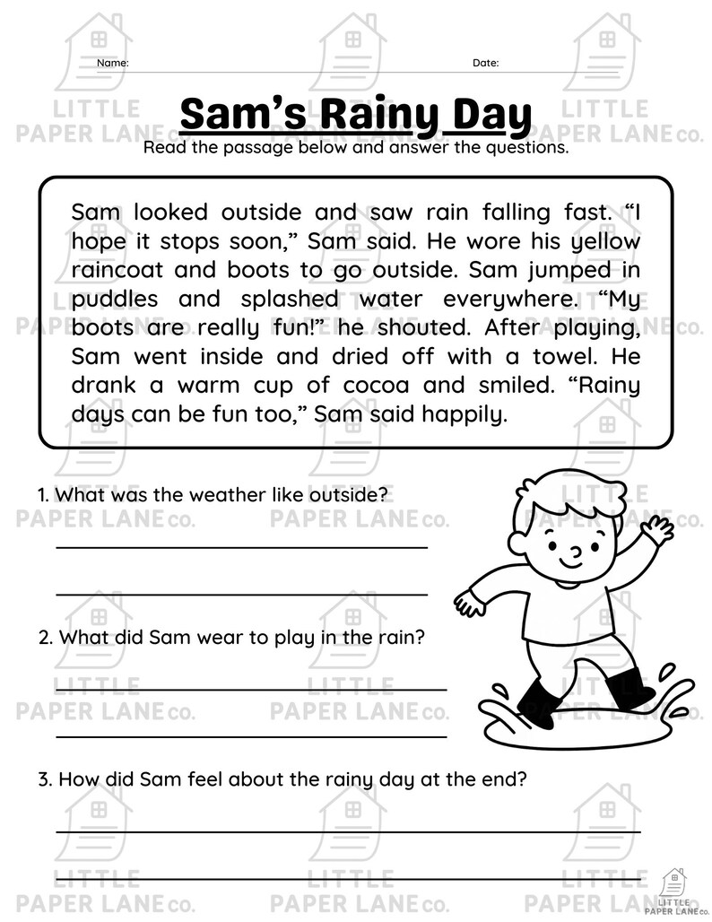 May include: Black and white worksheet titled "Sam's Rainy Day" with a story about a child playing in the rain. The worksheet includes questions about the story and a cartoon illustration of a child jumping in a puddle.