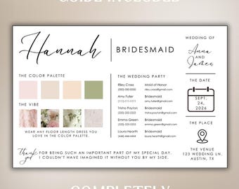 Editable Bridesmaid Info Card Template: Landscape Minimalist Wedding Details (Digital Download + Instructions)