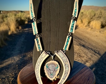 Tosa Bia Guchu - (White Bison) Elk Antler Necklace: Turquoise, Tosa-Wihi, Sterling Silver, Bison Pendant