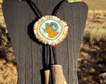 Rocky Mountain Big Horn Sheep inlaid with Nevada Turquoise, Jasper & Elk Antler Bolo