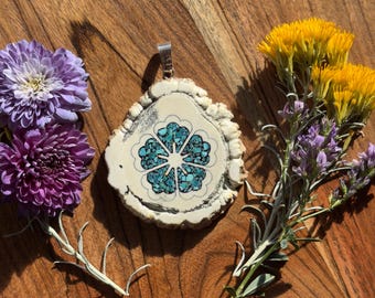 Elk Antler Pendant: Turquoise Inlay Flower, Sterling Silver Bail