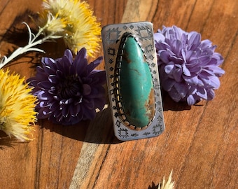 Kingman Turquoise Ring – Handcrafted Sterling Silver | Native-Inspired Engraved Band | Statement Southwestern Ring | Size 7.5