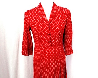Vintage 40s Style Rayon Polka Dot Dress, Red Fit & Flare, Size S