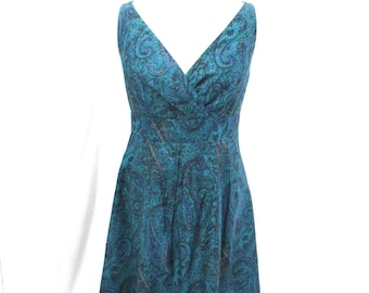 Lands End Dress size 6, cotton silk dress, blue green dress, paisley dress, cocktail dress, formal dress, classic size 6 dress, knee length