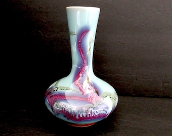 Studio Art pottery bud vase, turquoise purple pottery vase, ceramic decoration, drip glaze bud vase