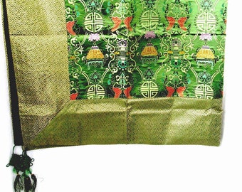 Asian chinoiserie large green table cover or bedding, Asian table cover, boudoir bedding, long Chinese table cover, Chinese bed cover