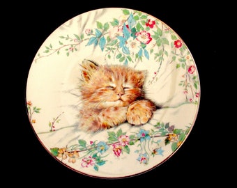 Vintage kitten wall plate, sleeping kitten plate, cat wall plate, made in England, collectable wall plate, ginger kitten plate, cat nap cat