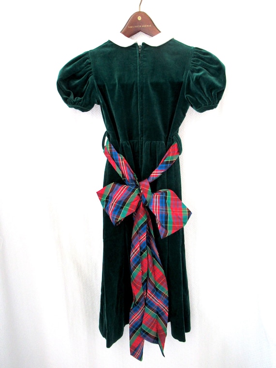 Vintage girls green cotton velvet dress with a white … Gem