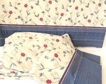 Vintage King bed set, floral bed set, beige floral sheet set, country bed set,  poly cotton bed set, king floral bedding