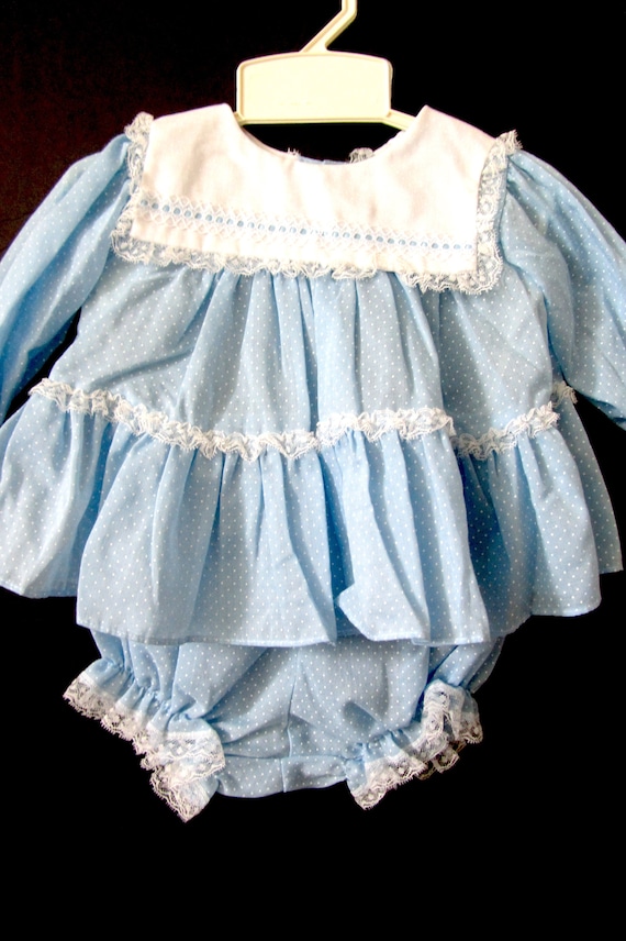 Vintage baby girls dress with bloomers, blue white