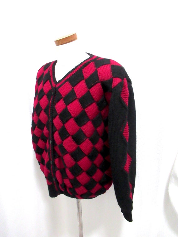 Vintage Wool sweater jacket, red black sweater, ha