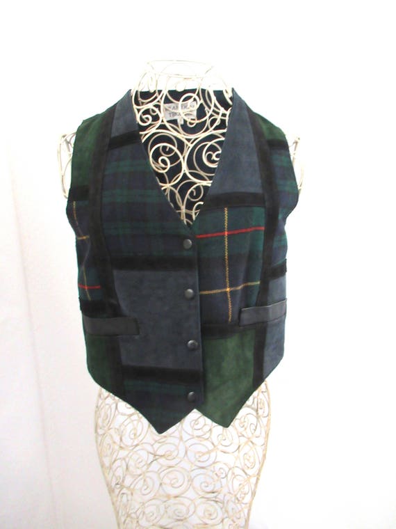 Plaid leather and wool vest, plaid and leather, we