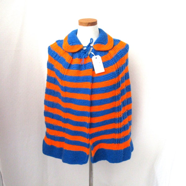 Hand Knit Cape, stripe cape, blue orange cape, womans knit cape, teens knit cape, concert knit cape,