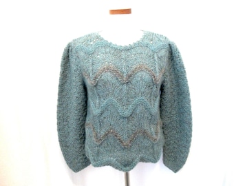 Vintage Hand Knit Sweater, Green & Gray, Size M
