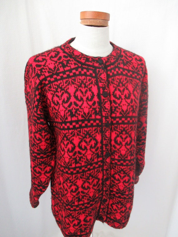 Alpaca hand knit sweater jacket, red black sweate… - image 1