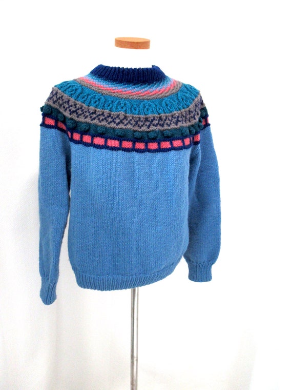 Vintage hand knit sweater, 80s blue sweater, fair… - image 7