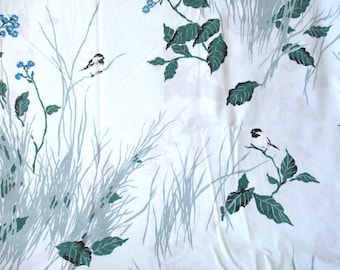 Vintage full flat sheet fabric, floral bird sheet, soft full flat sheet, vintage fabric, poly cotton fabric, floral bird bedding,