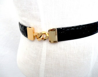 black leather & gold I MAGNIN leather belt, womans Leather belt, preppy belt, black evening belt