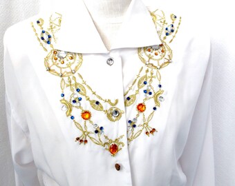 80s white fitted bedazzled blouse, white necklace blouse, 80s fitted blouse, white evening top, evening white blouse, woman white blouse