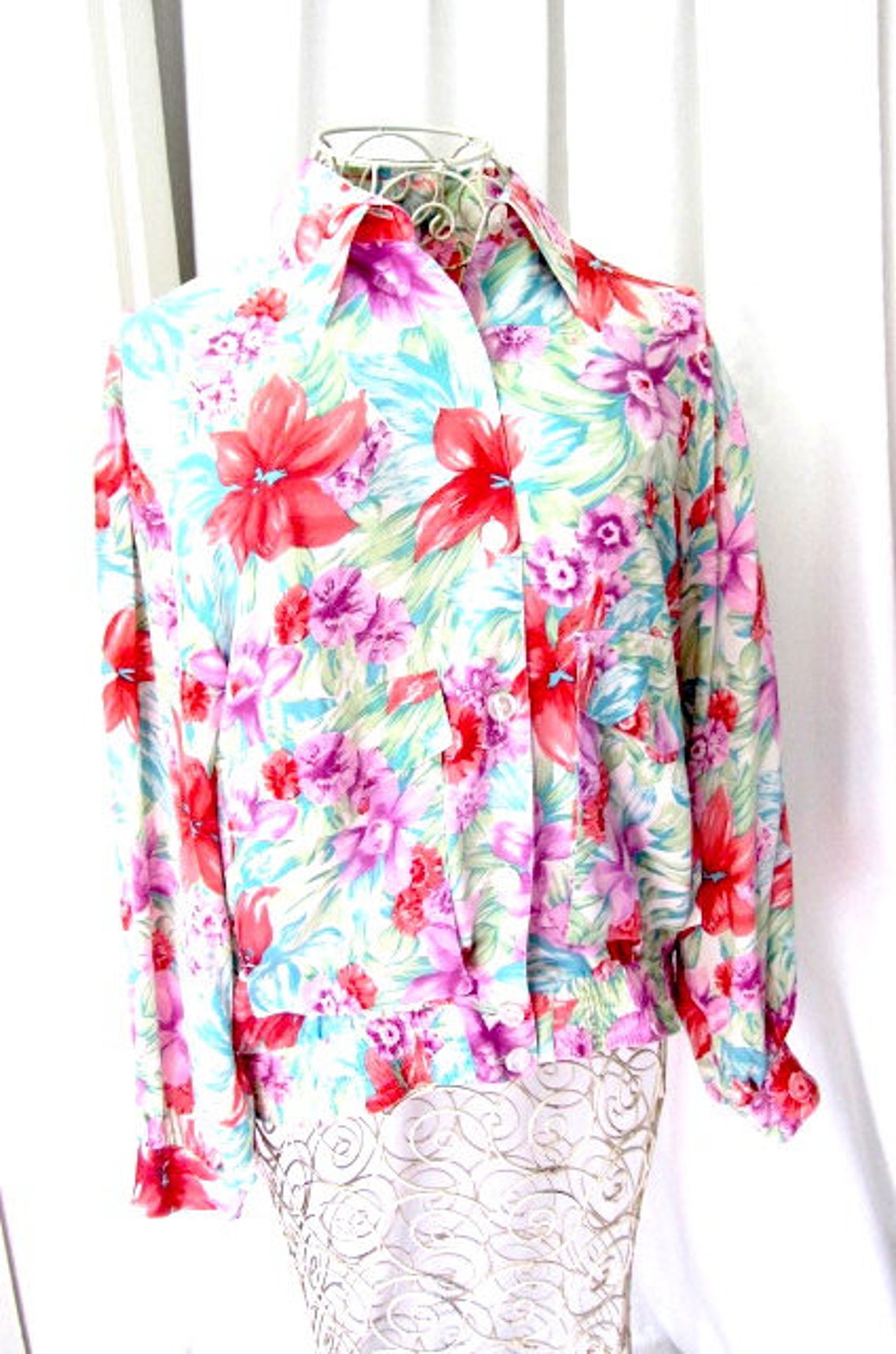 Vintage Floral Silk Blouse 80s Silk Blouse 80s Silk Jacket - Etsy
