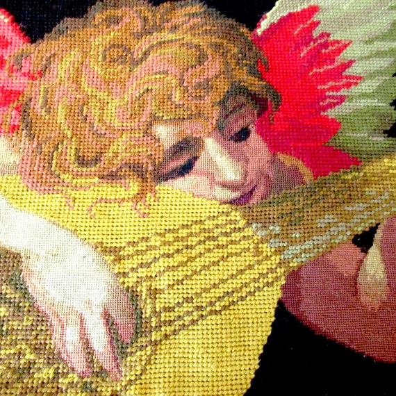 angel with lute  pillow cover new old stock pillow cover Angel needlepoint pillow cover wool needlepoint cover Angel pillow cover