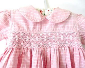 Vintage pink smocked girls dress 1 year, pink baby dress, smocked front dress, girls party dress, girls summer dress, pink cotton dress