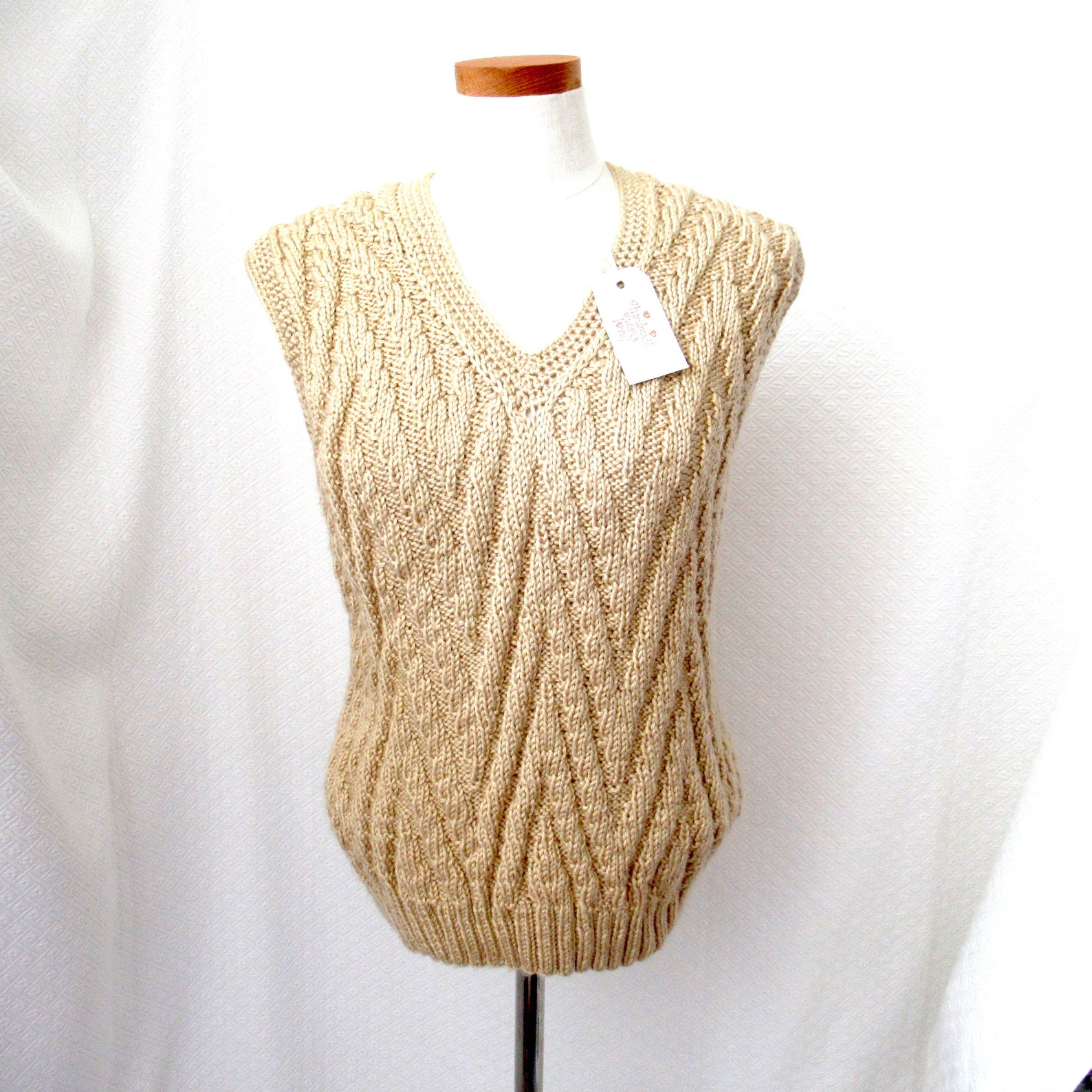 Hand Knit Beige Vest Womans Beige Knit Vest Boys Mans Knit Etsy