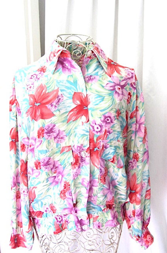 Vintage floral silk blouse, 80s silk blouse, 80s s