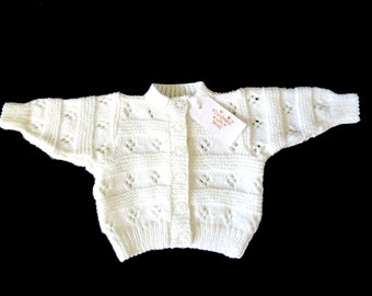 Hand Knit Baby Jacket, New Born gift, white knit Sweater, white knit Jacket, baby shower gift, white baby jacket, baby girl jacket, baby