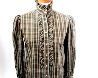 Vintage Victorian style high neck ruffled front blouse, modest plaid blouse, Victorian style blouse, Casual Corner blouse, feminine blouse