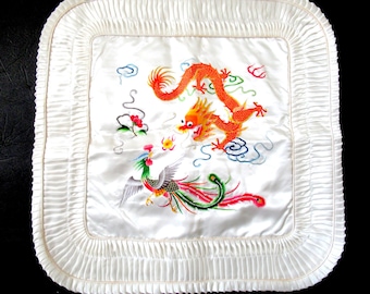 Asian silk embroidered white pillow sham, chinoiserie bedding, Chinese pillow sham, boudoir bedding, white dragon sham