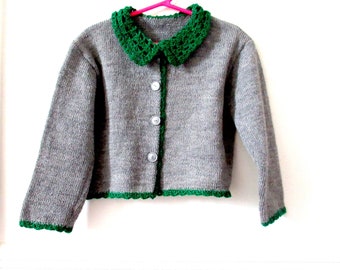 Vintage girls wool sweater, gray wool cardigan, gray green sweater, Christmas cardigan, crochet collar cardigan, girls Christmas sweater