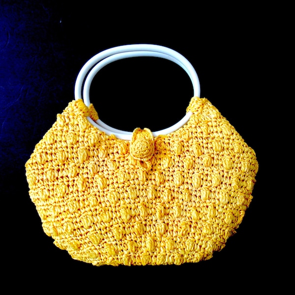 Vintage 60s Ritter yellow raffia bag, summer bag, summer wedding bag, top handle bag, lightweight bag, lined raffia bag